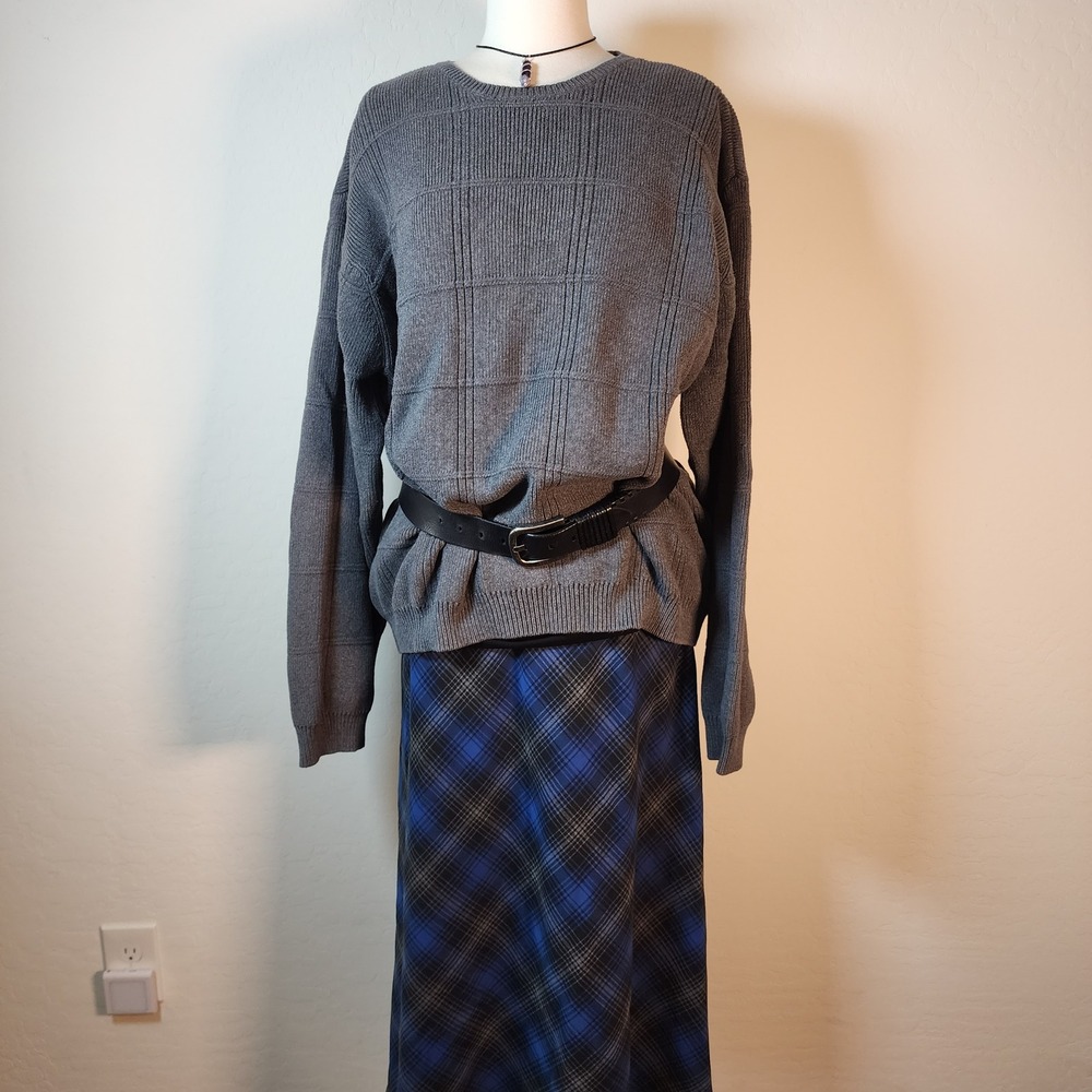 ARROW USA 1851 XXL Gray Cotton Knit‎ Sweater Plaid Grid Pullover Long Sleeve